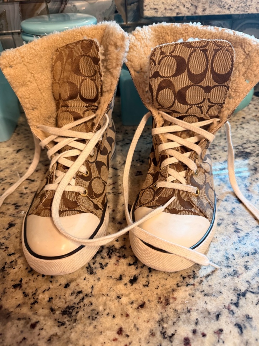 Coach Brown Signature Canvas Shearling High-Top Sneakers